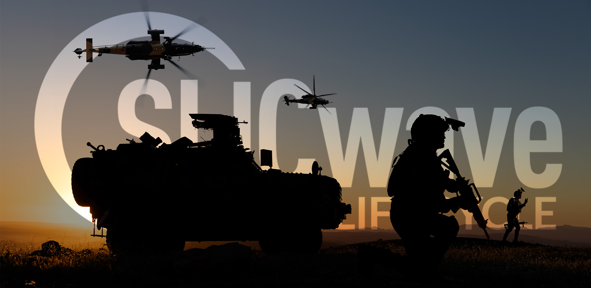 silhouette of a t ank, helicopters, and military personnel at sunset with an overlay of the SLICwave Life Cycle logo